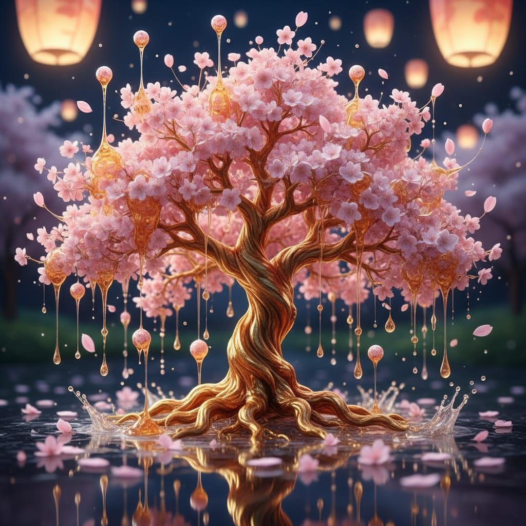 Honey Cherry Blossom Tree in Ethereal Garden