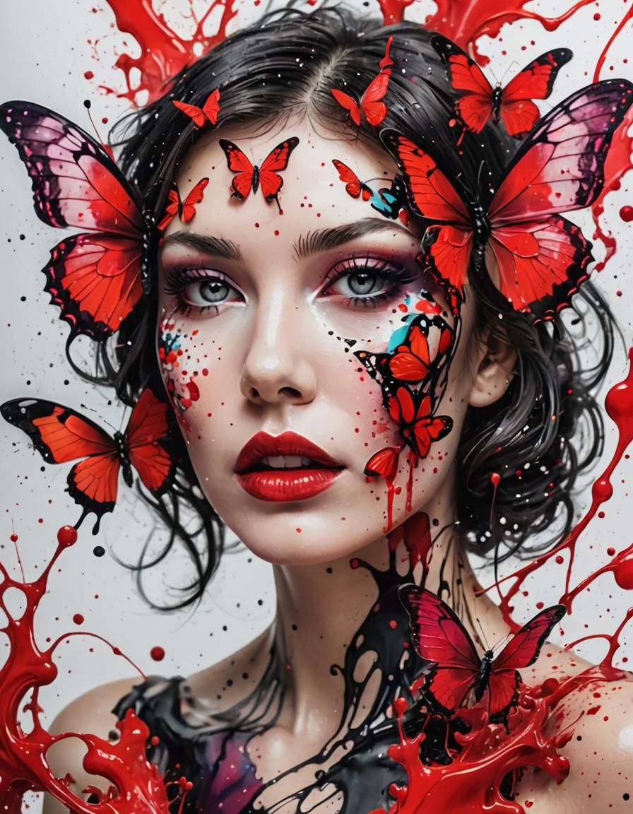 Psychedelic Butterfly Portrait with Ink Splashes