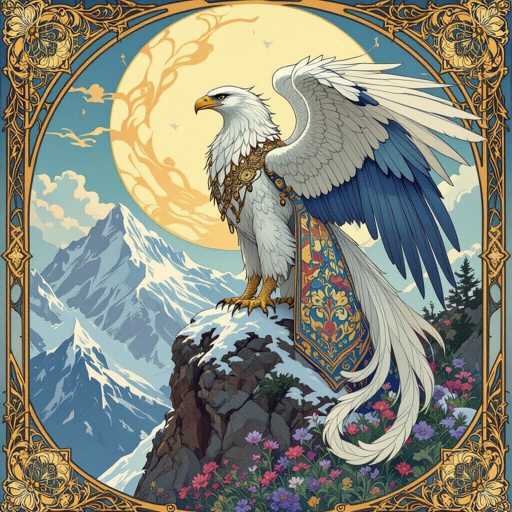 Griffin Perched Atop Mountain in Art Nouveau Style