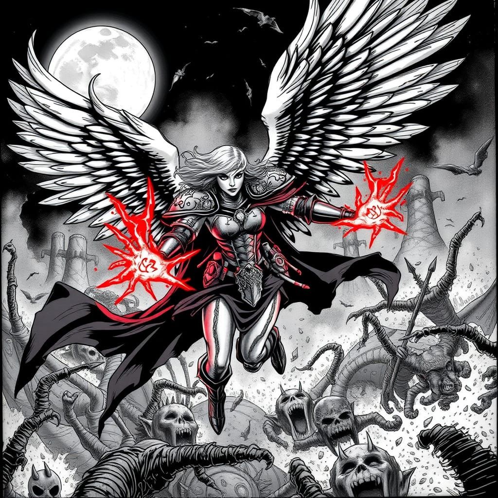 Female Angel Soaring Above Medieval Battle, Gothic Comic Sty...