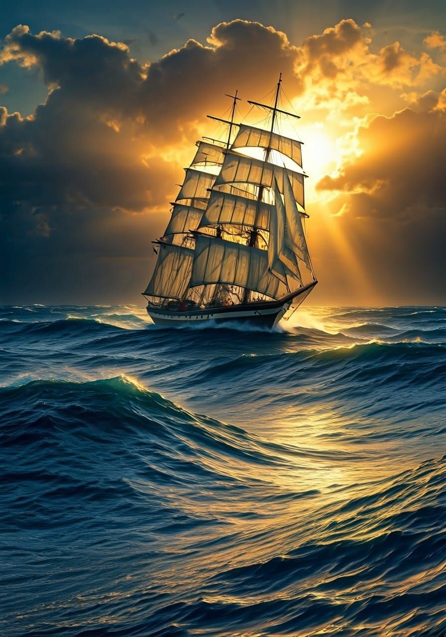 Majestic Schooner Battles Stormy Seas at Sunset