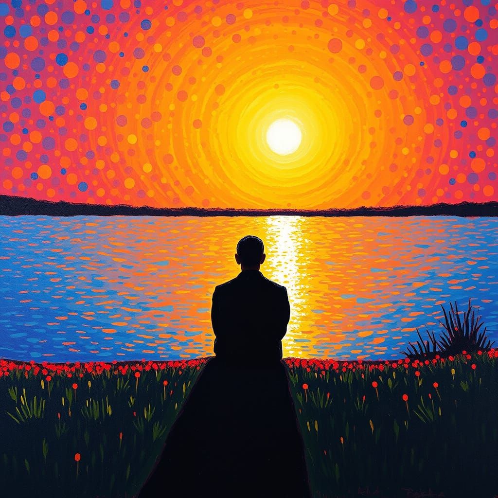 Lone Figure at Sunset: A Pointillist Painting