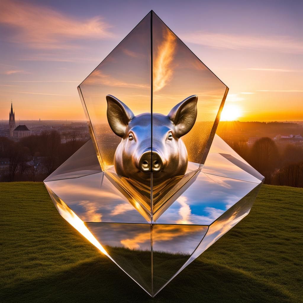 Surreal Diamond Pig Sculpture with Sunrise