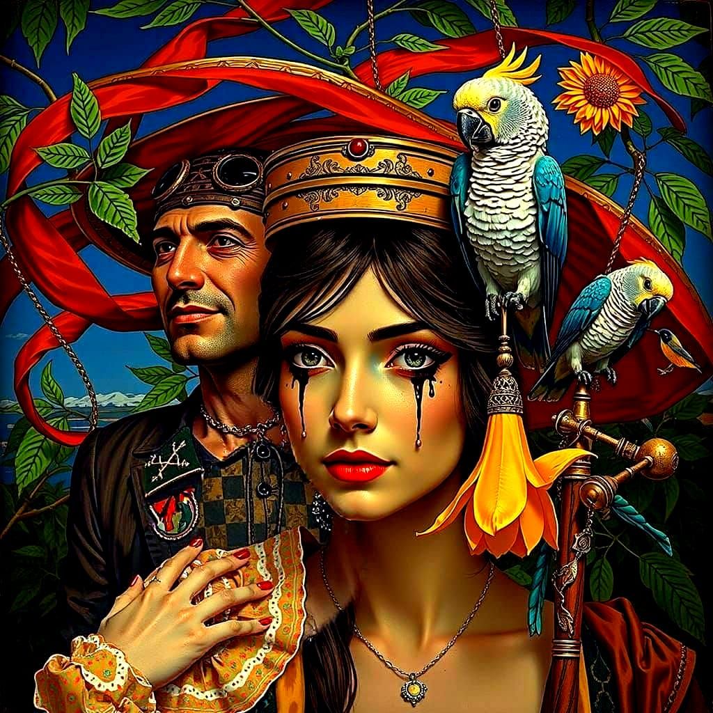 Surreal Figure with Teal Hair and Golden Leaves