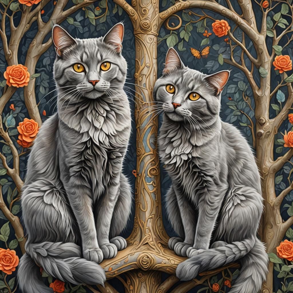 Fluffy Grey Cats on Cat Tree: Gouache Painting