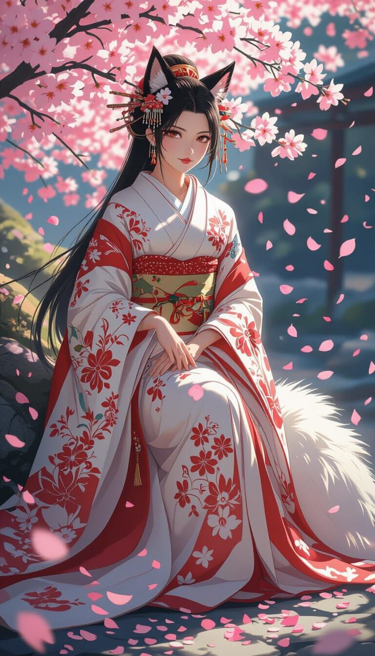 Majestic Kitsune Oiran in Studio Ghibli Style