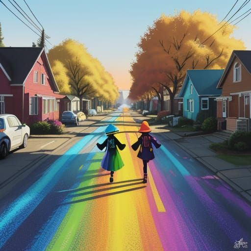 Vibrant Street Art: Children Trick-or-Treating at Golden Hou...