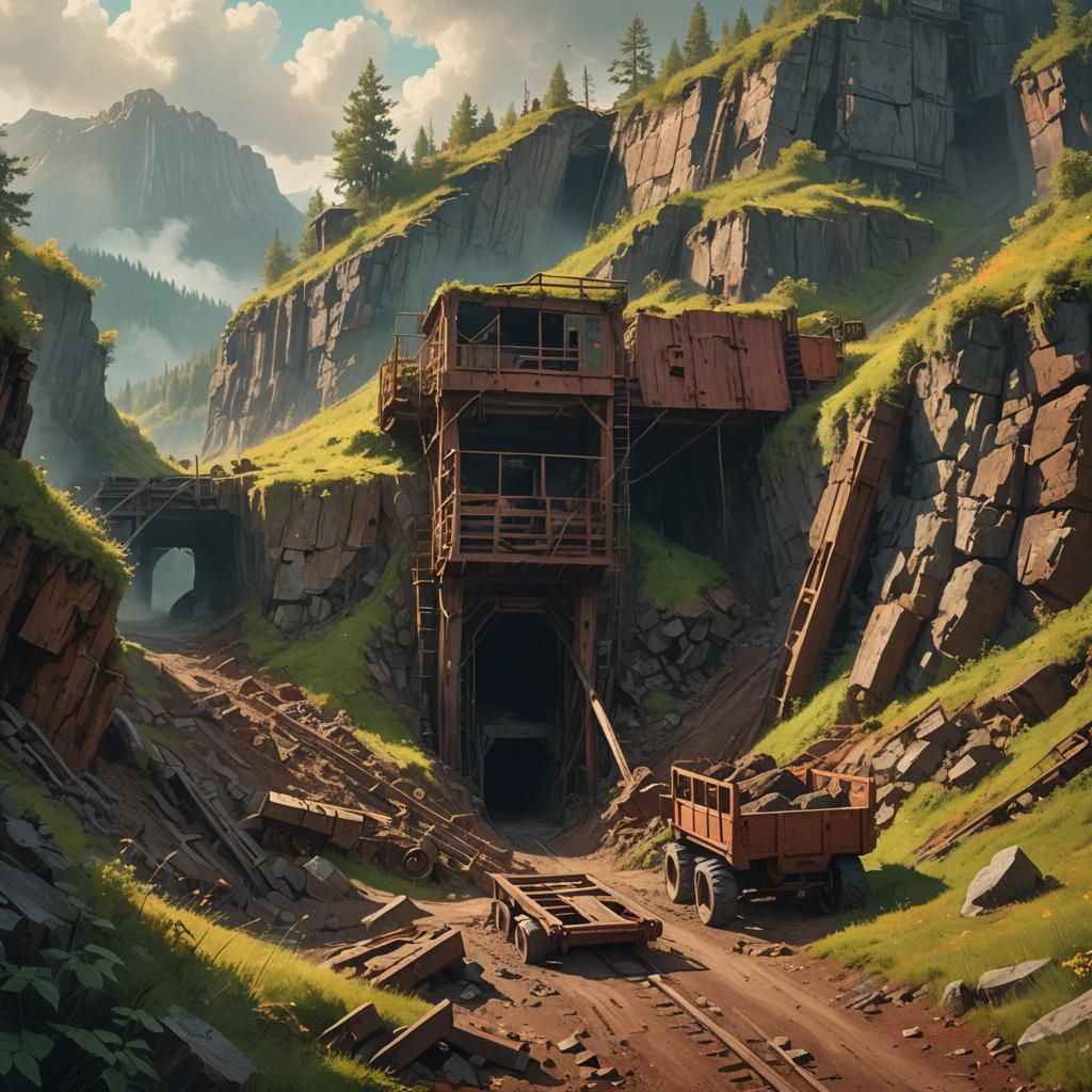 Atmospheric Mine Entrance in Hyperrealistic Digital Art