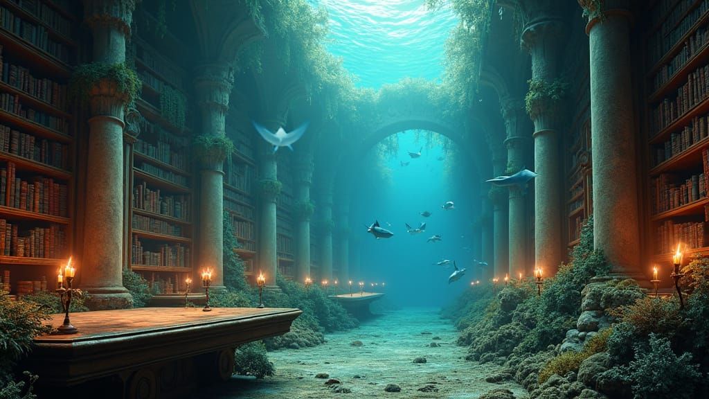 Underwater Library in Fantasy Style with Coral