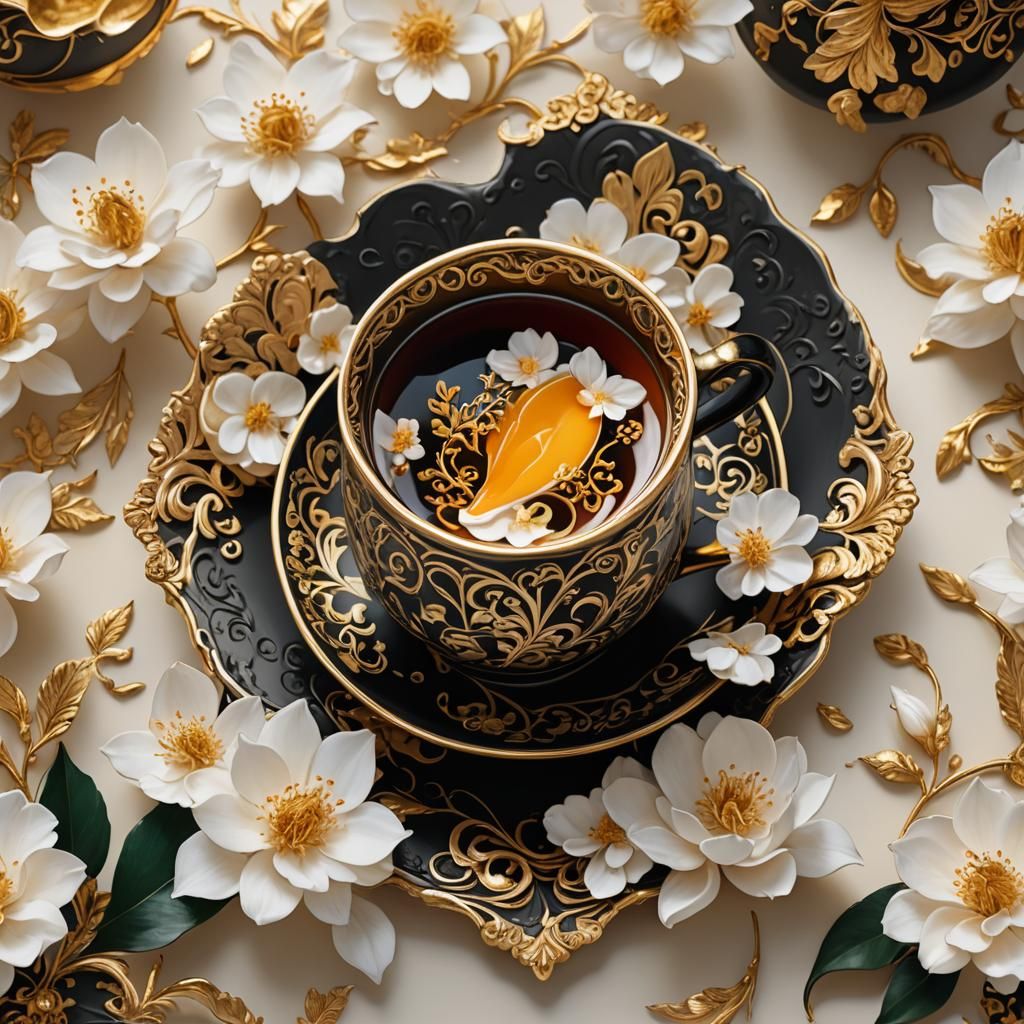 Mango Tea Cup with Floral Background in Oil Painting Style