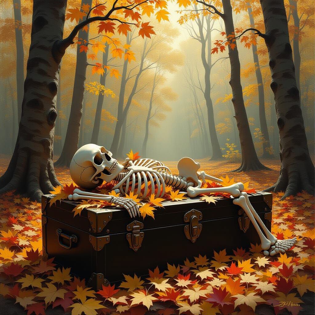 Skeleton with Autumn Leaves in Forest, Oil Painting Style
