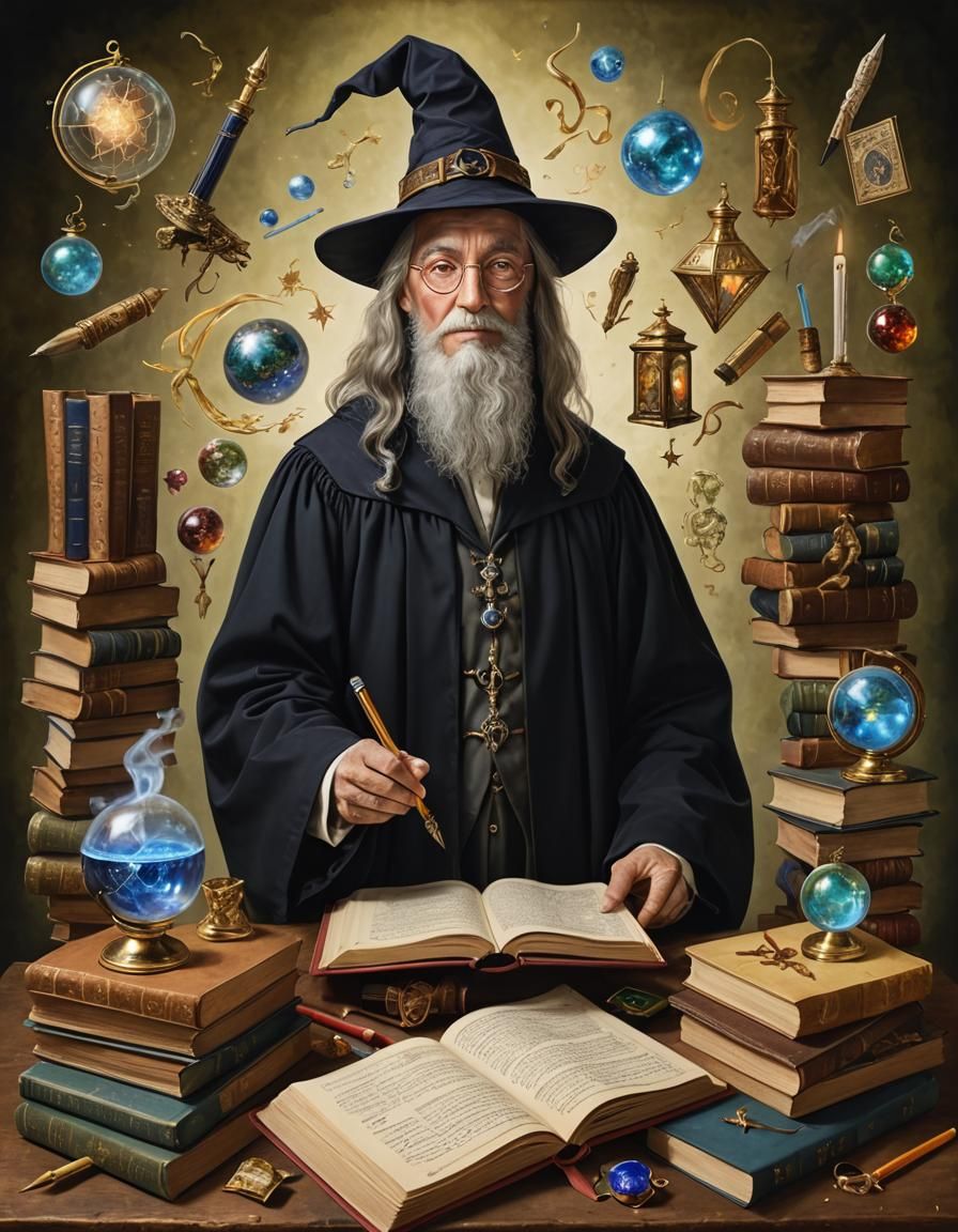 Enchanted Wizard Students Portraits with Magical School Supp...