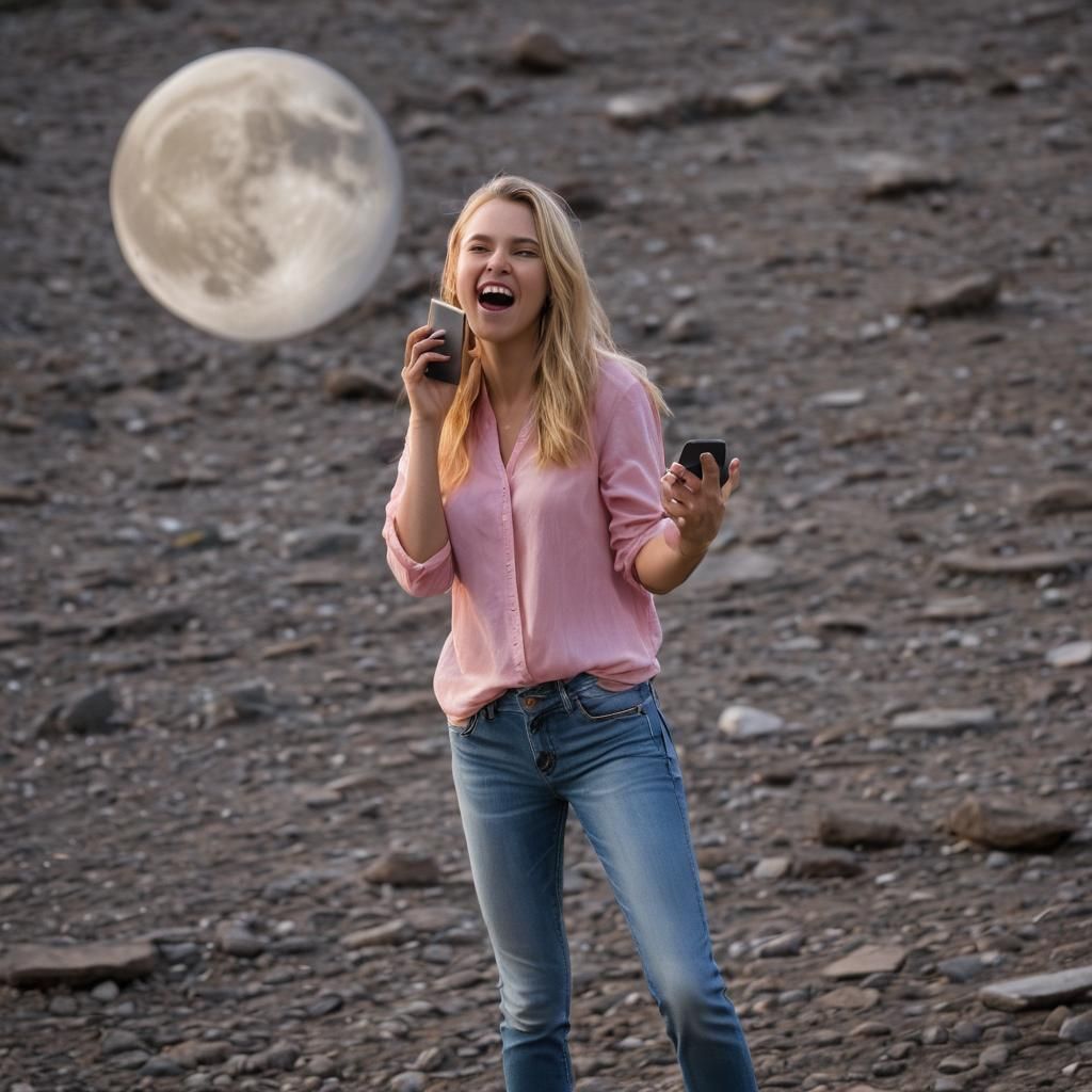 Blonde Woman Yelling on Cellphone from the Moon in Soft Focu...