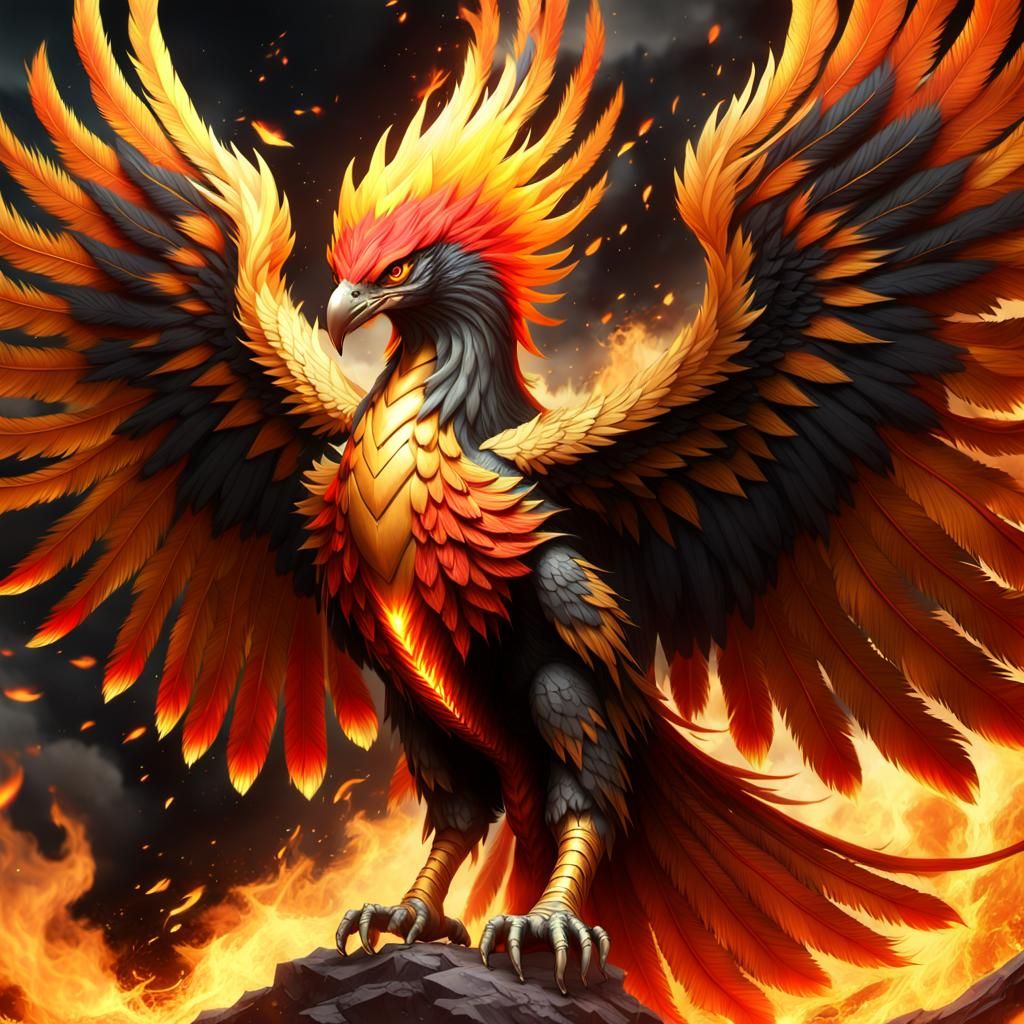 Majestic Fire Phoenix Rising in Anime Style