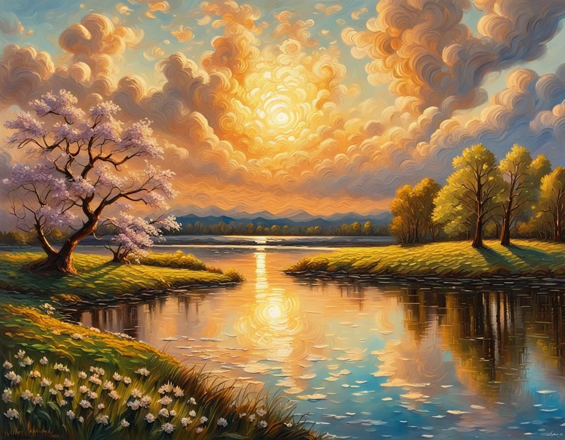 Golden Hour Spring Landscape as Impasto Oil Painting