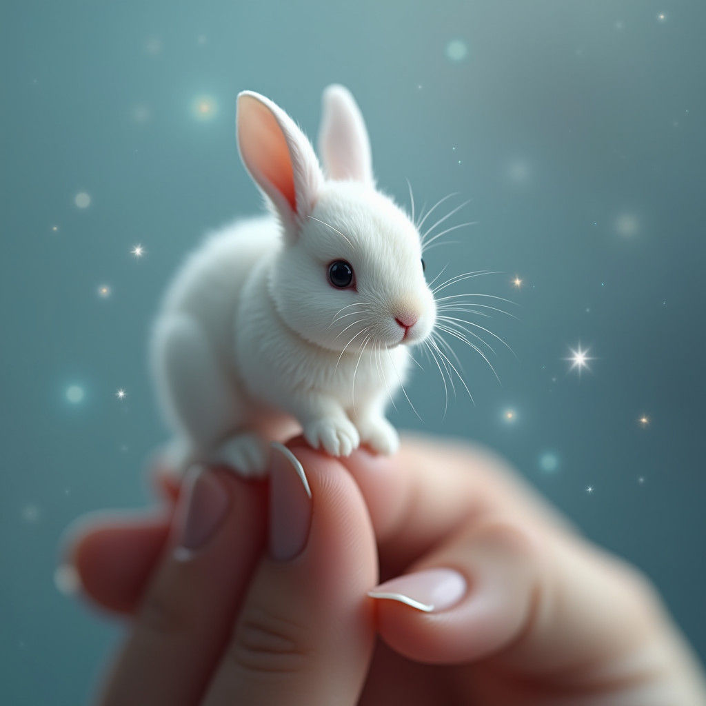 Miniature Rabbit on Fingertips: Fantasy Concept Art