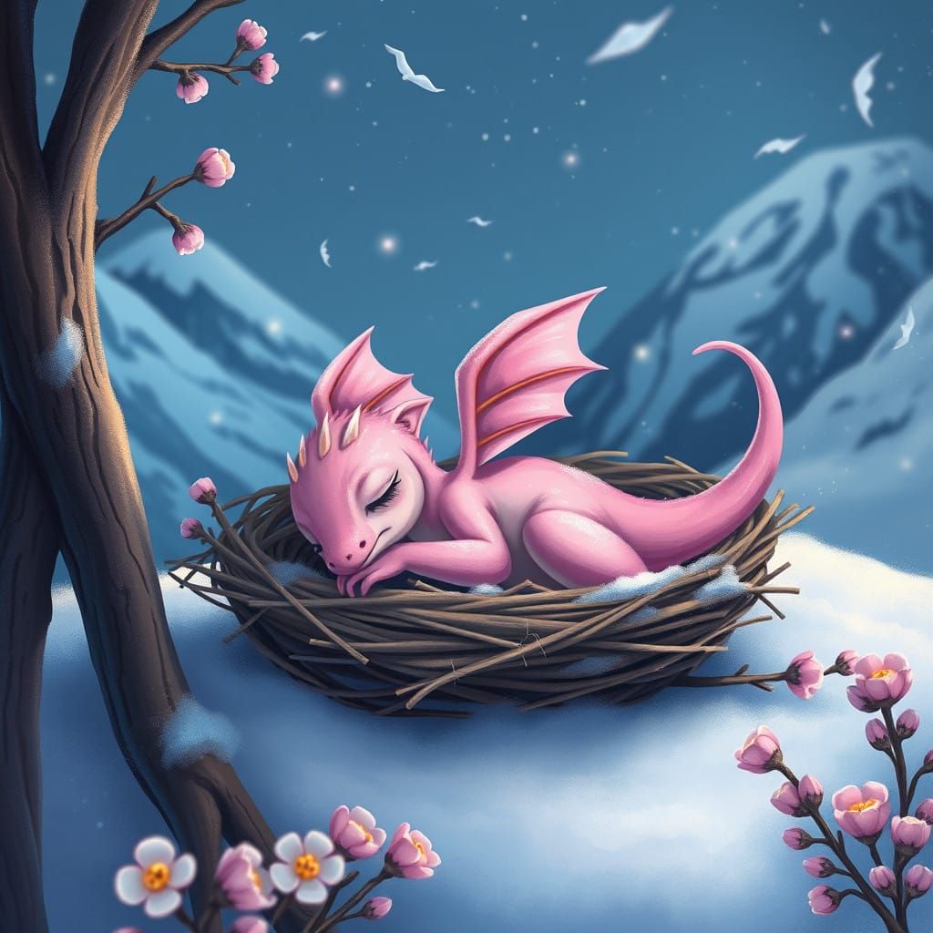 Surreal Pink Baby Pteranodon in Snowy Mountain Nest