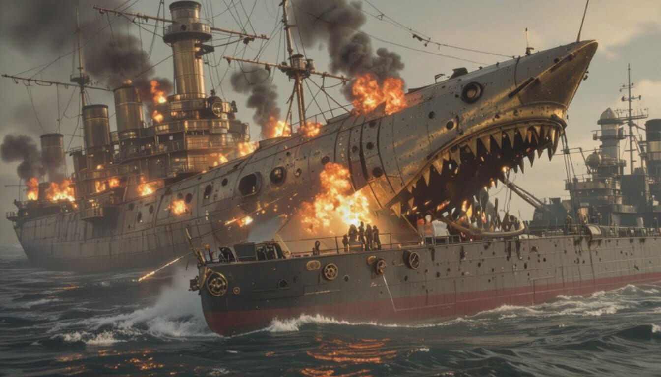 Steampunk Shark Battleship Rams Enemy Ship in Fiery Battle