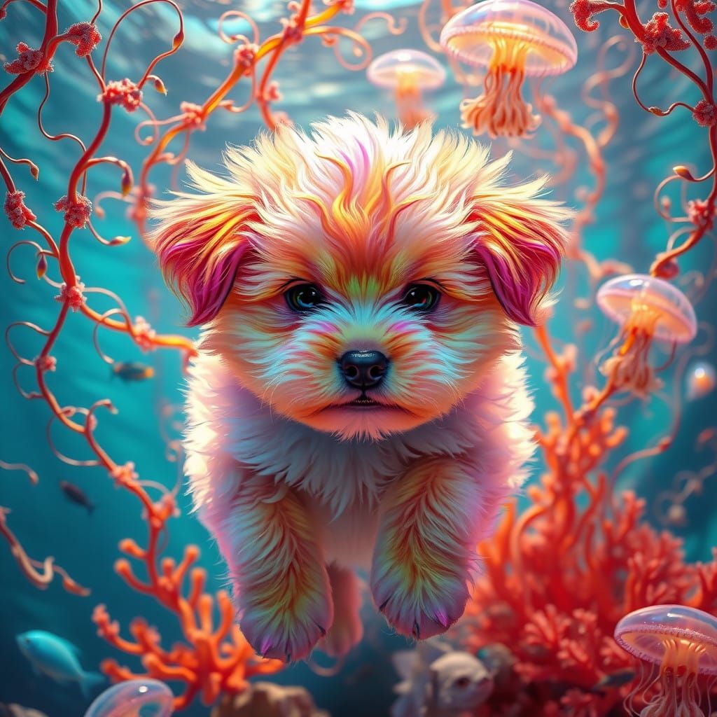 Surreal Puppy Reigns in a Kaleidoscopic Underwater Realm