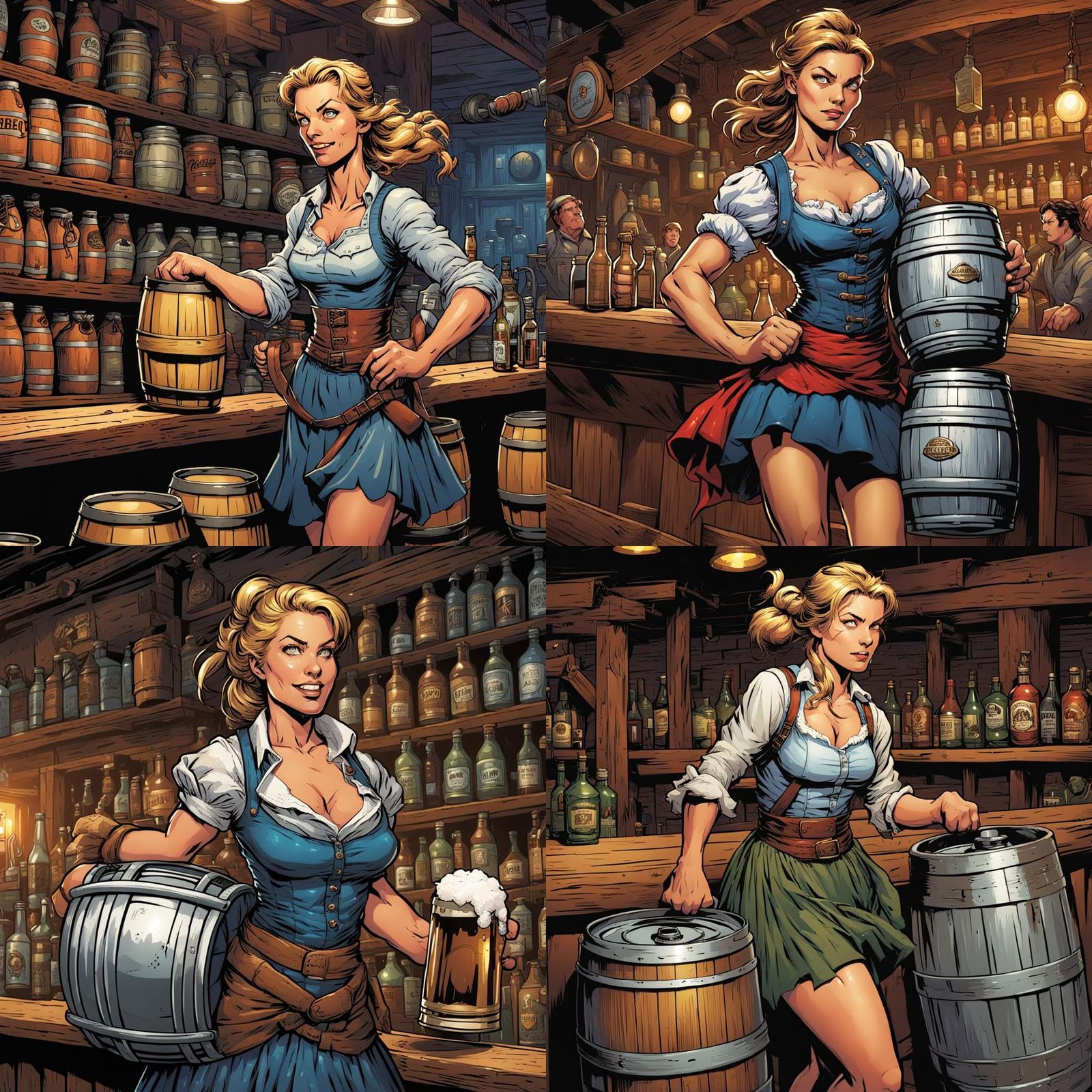 Comic Art: Powerful Barmaid with Keg