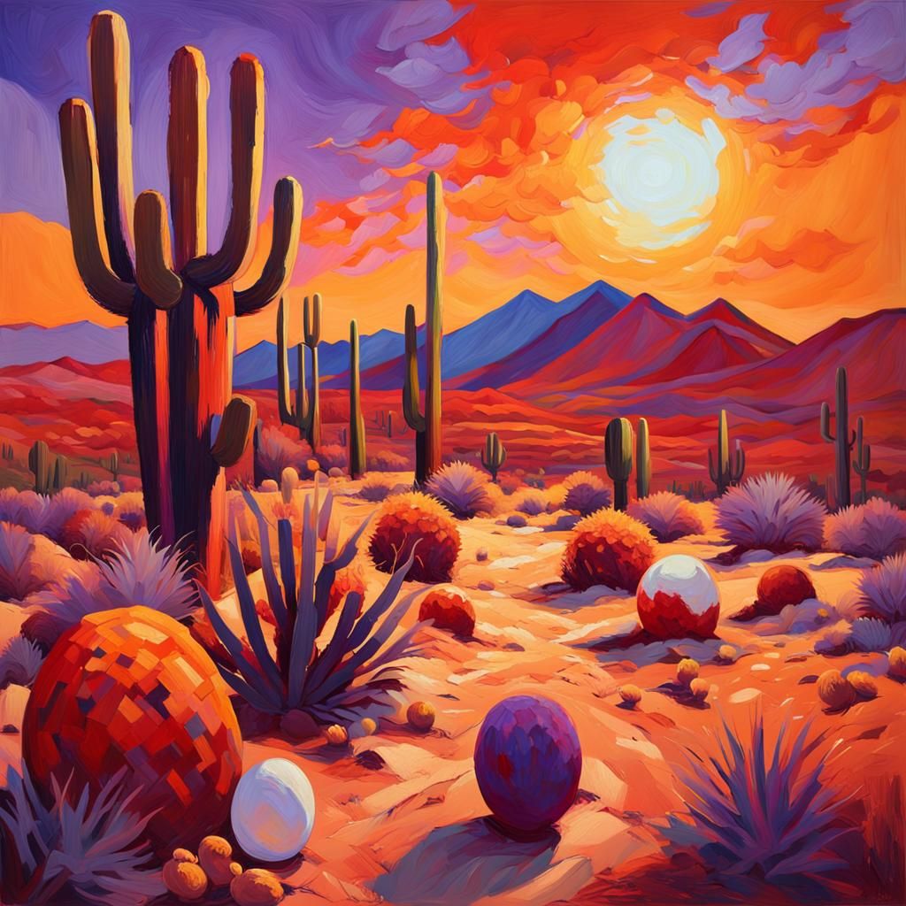 Expressionist Desert Sunset Landscape with Cacti