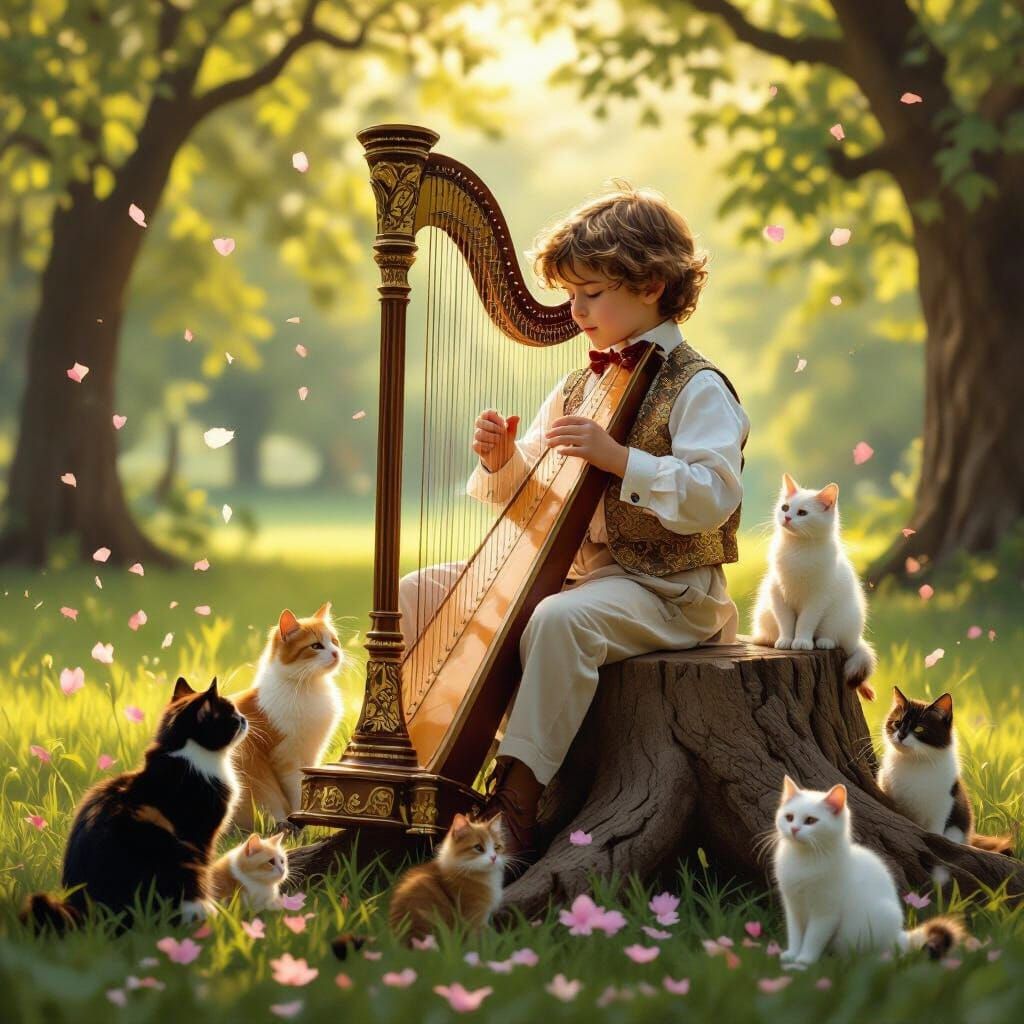 Boy and Cats in Park Playing Harp, Classical Style