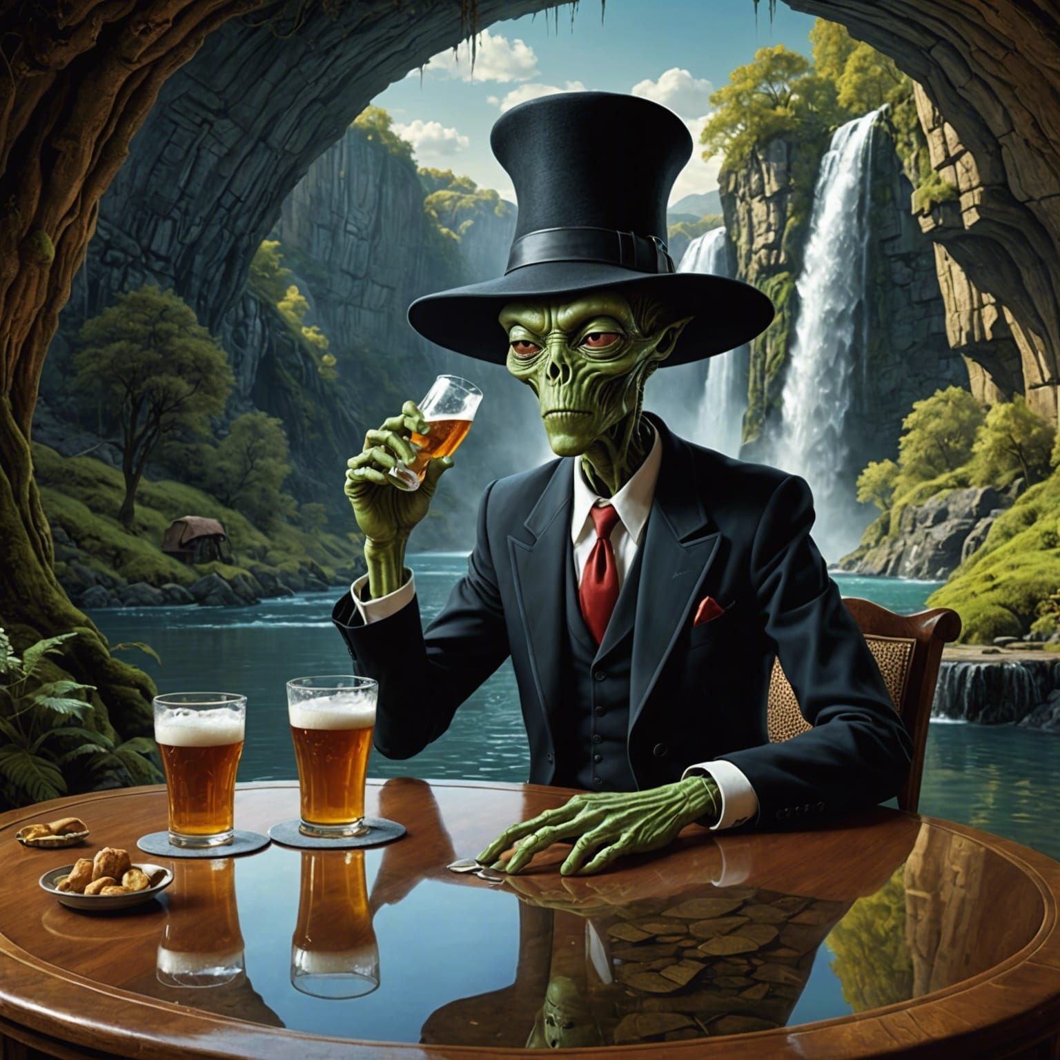 Alien Sipping Beer Against Waterfall Backdrop