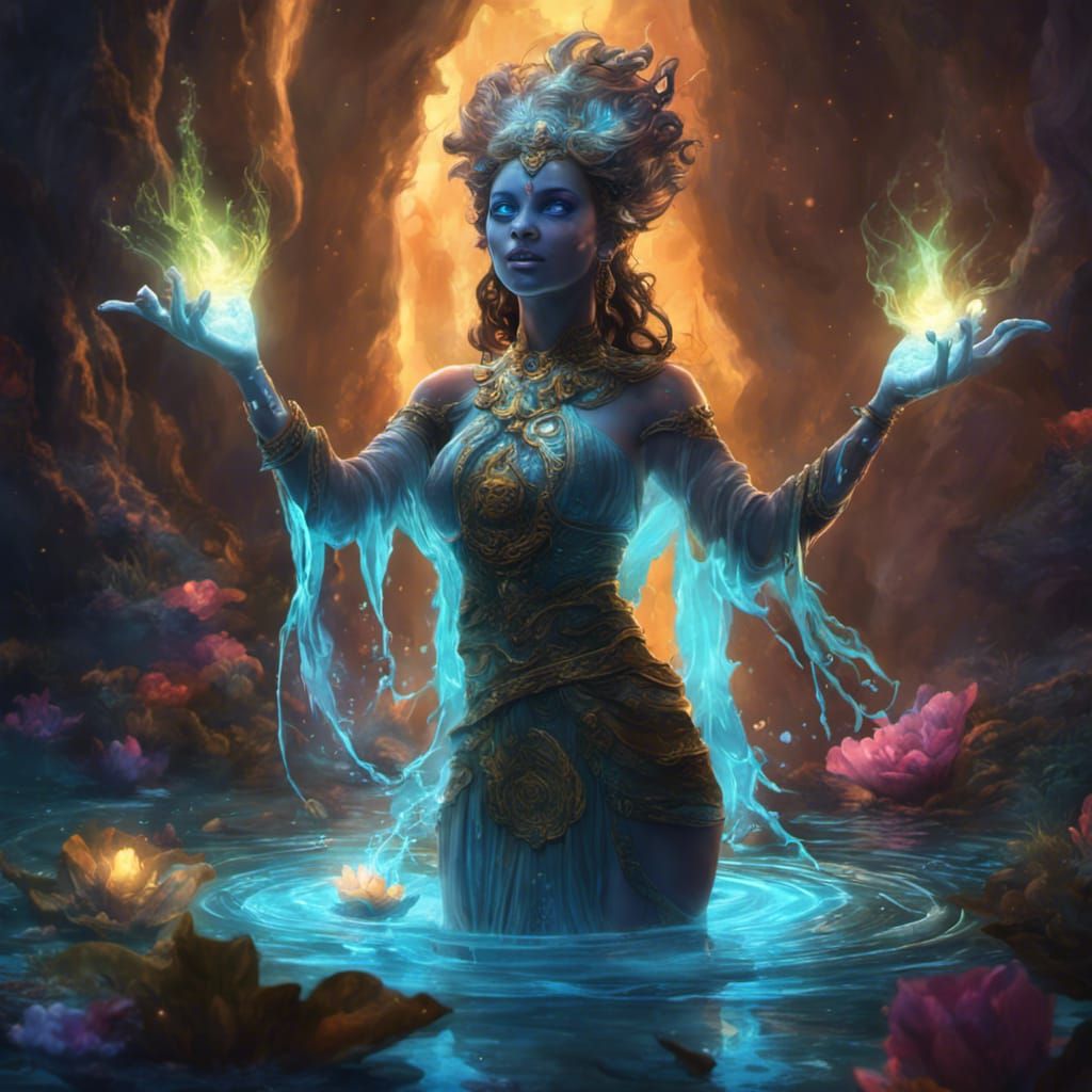 Bioluminescent Water Genie in Punk Fantasy Style