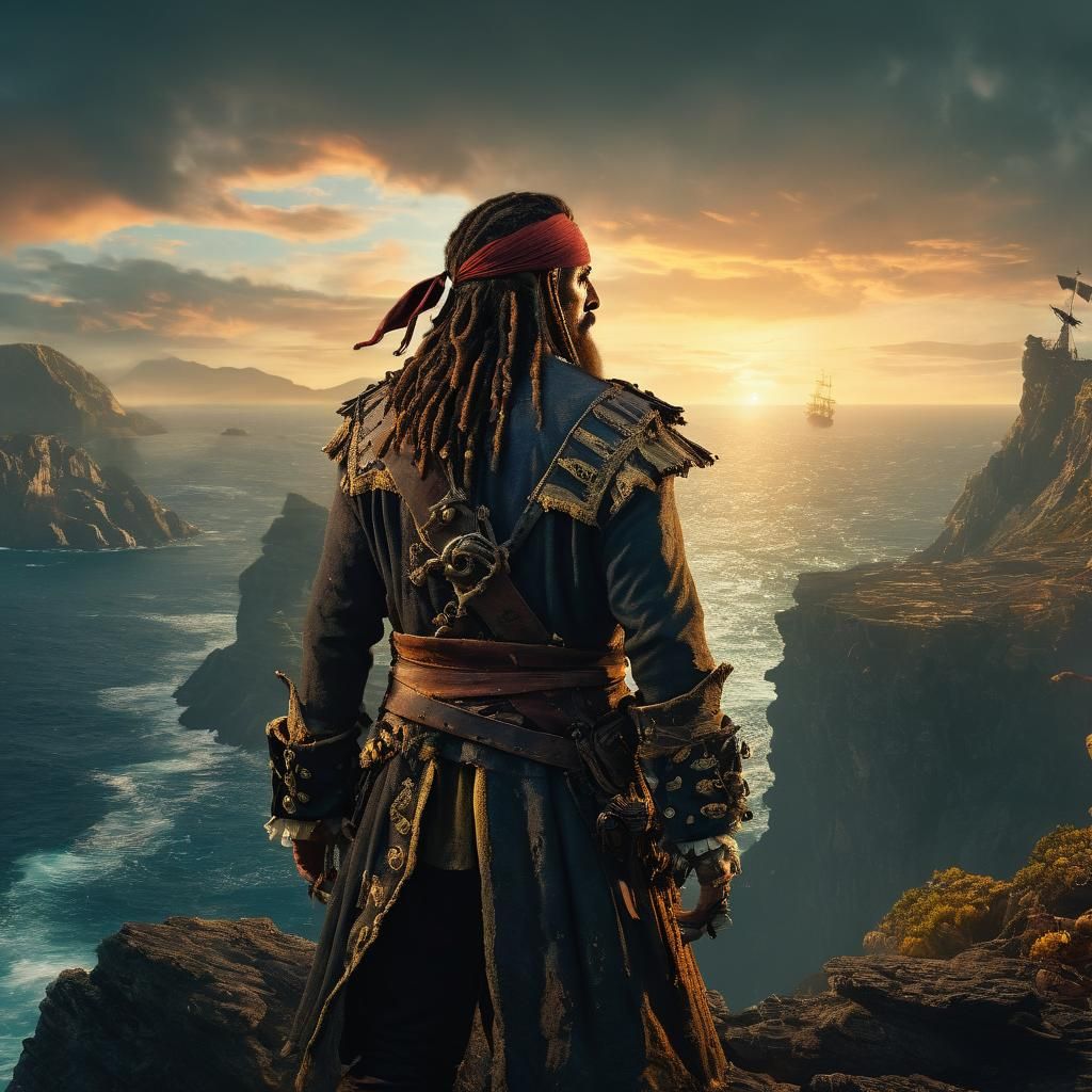 Pirate Overlooking Mystical Seascape at Sunset