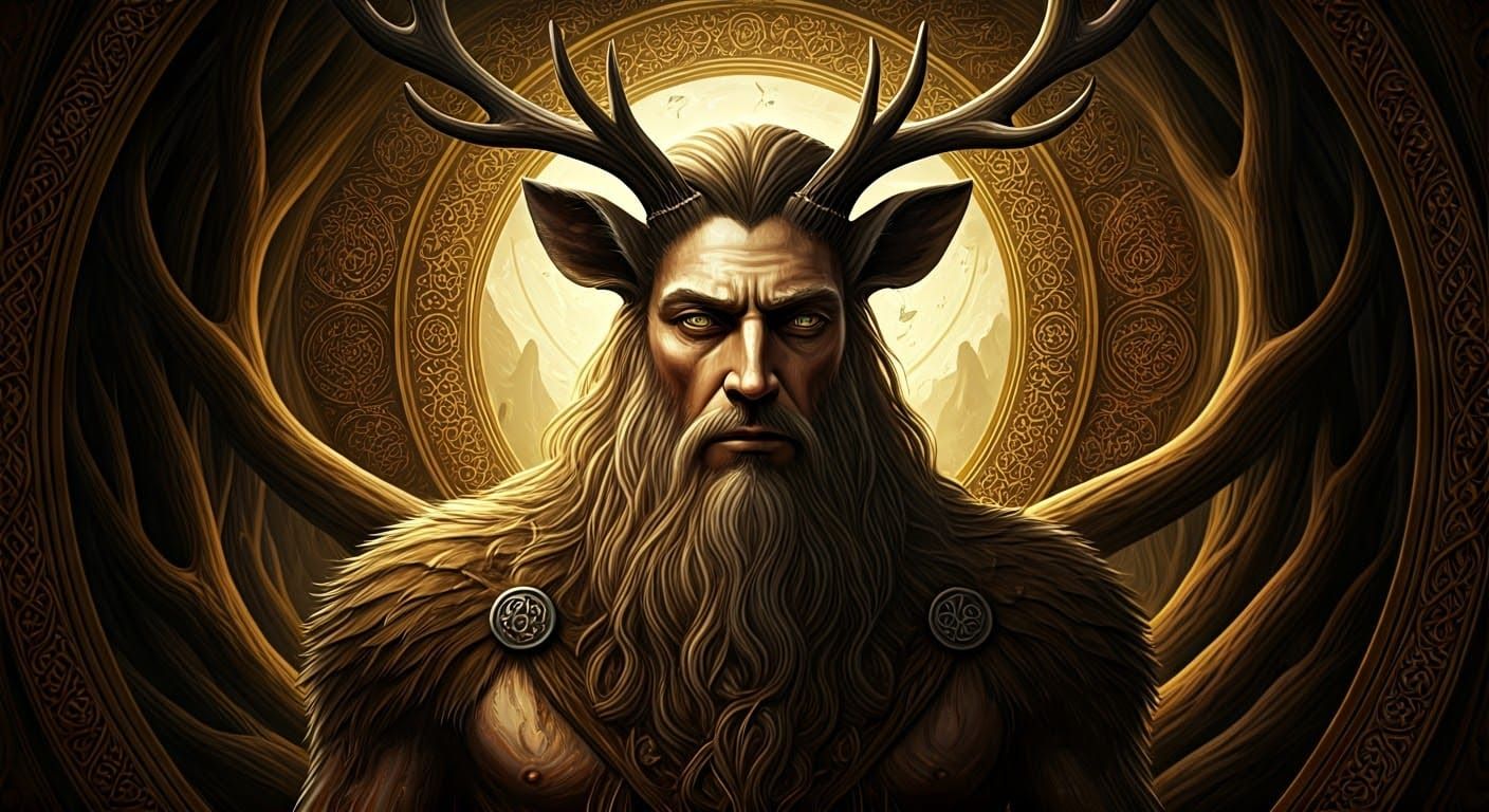 Celtic Stag-Headed God in Atmospheric Ambiance