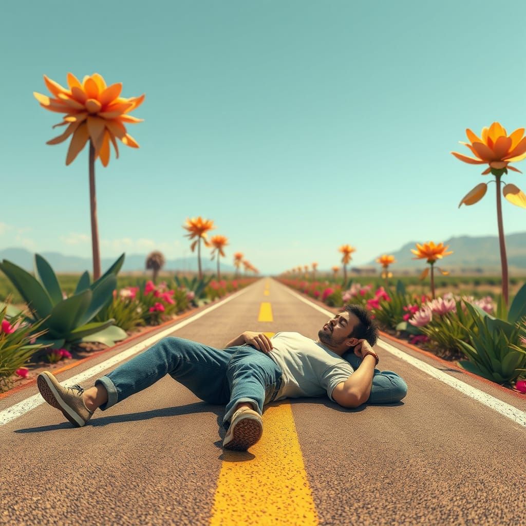 Man Asleep on Road Amidst Giant Plants