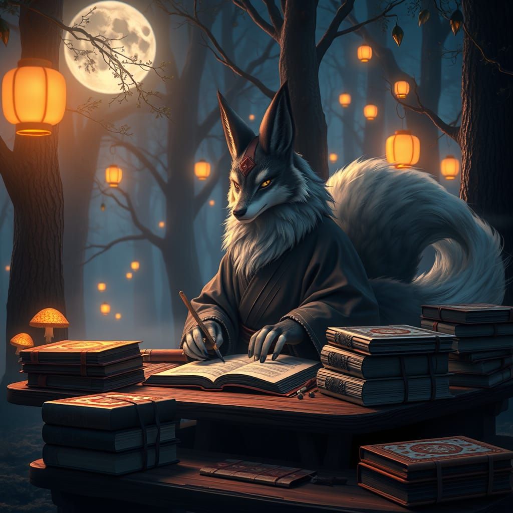 Majestic Kitsune Crafts Sacred Texts in Moonlit Forest Glade