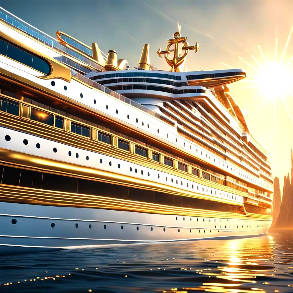 Golden Cruise Ship with Stunning Lighting Effects