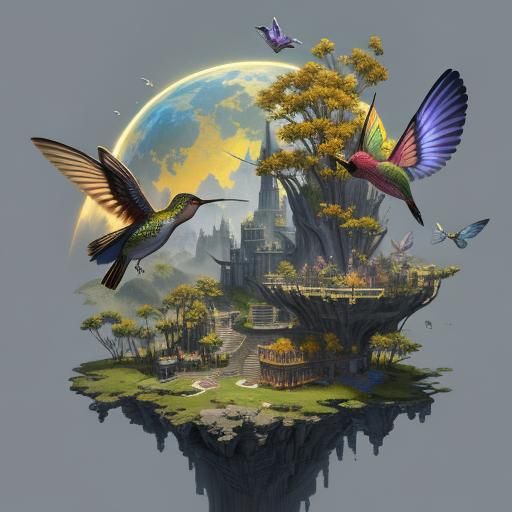 Golden Retriever, Cat, and Hummingbird Fantasy Art