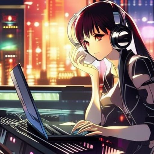 Young Woman in Headphones at Night Bar: Anime Style