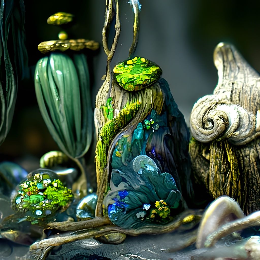Fantasy Nature Scene with Moss and Gemstones