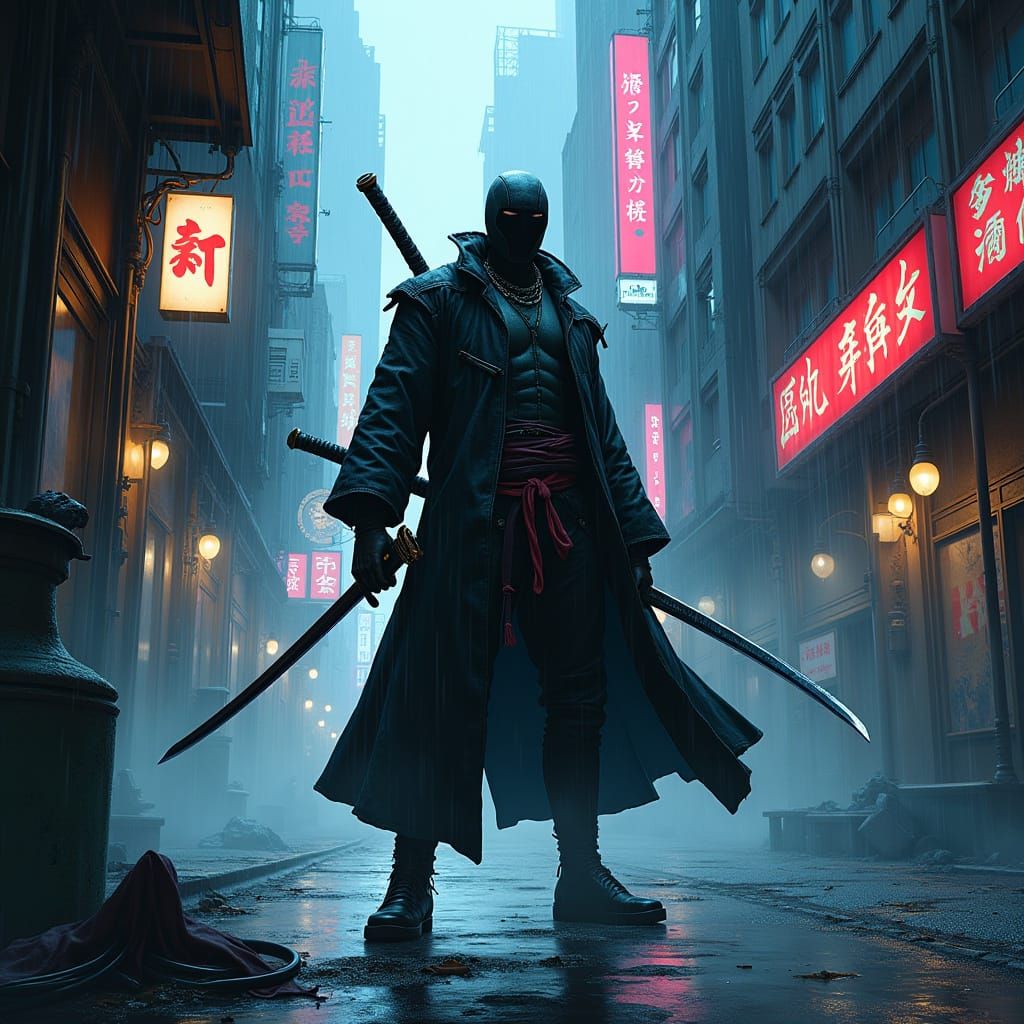 Cyberpunk Samurai in Neon Alleyway
