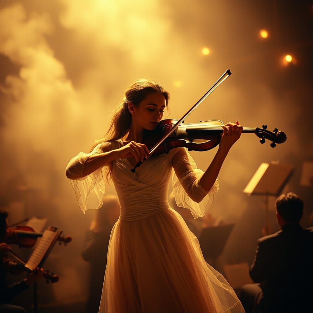 Ethereal Violinist in Smoky Concert Hall