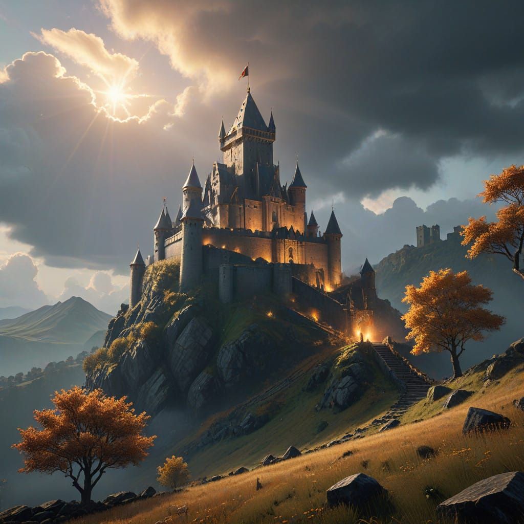 Medieval Fantasy Battle: Trebuchet Launches Stone at Castle