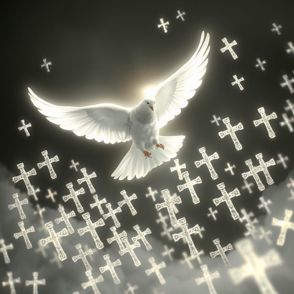 Majestic Dove Scatters Glowing Crosses in Dreamlike State