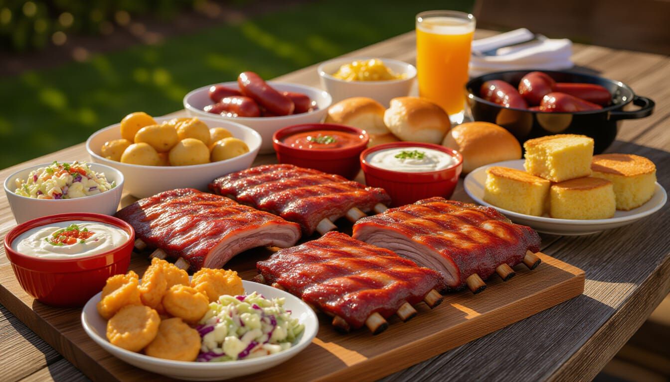 Abundant BBQ Feast with Meats, Sides, and Sauces