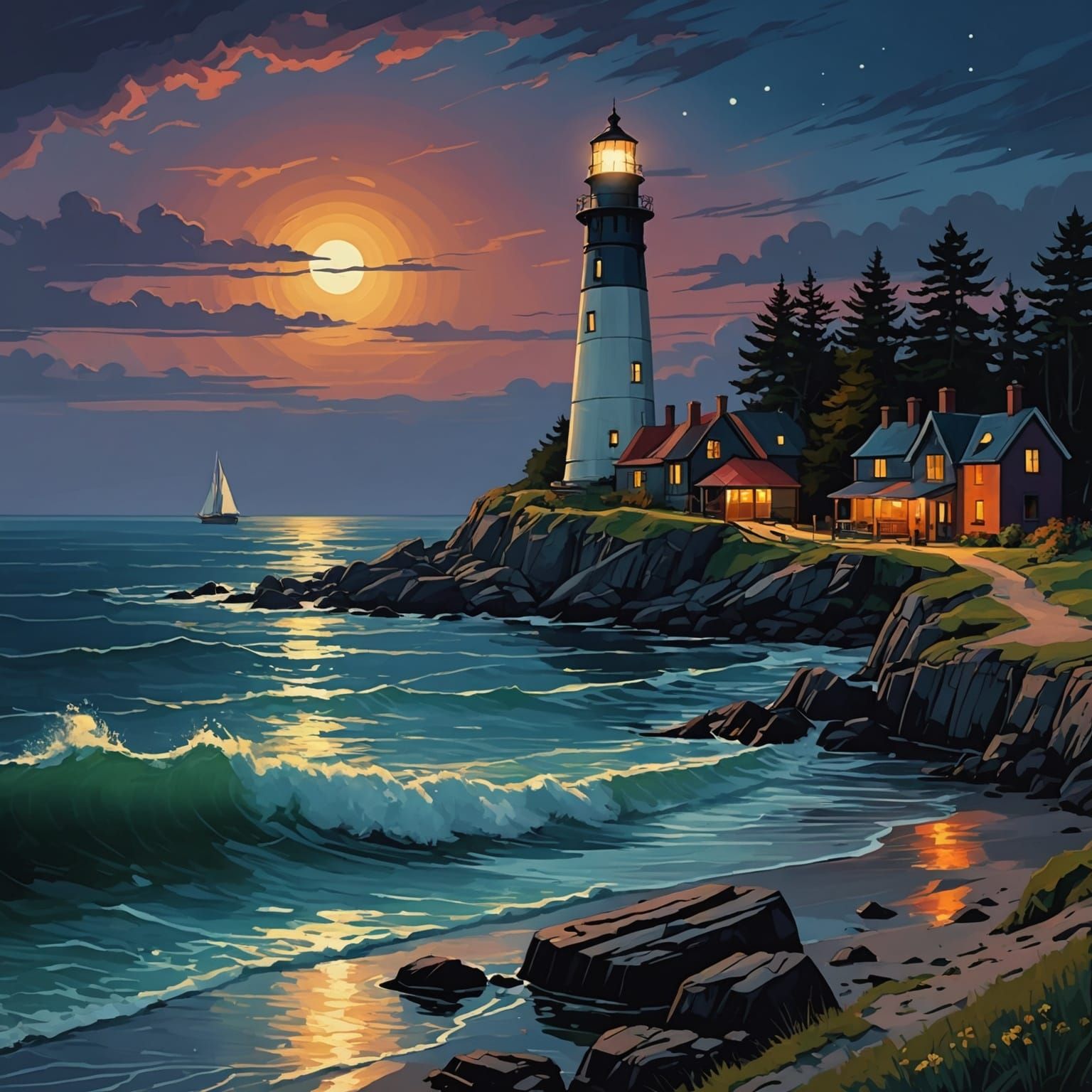 Lighthouse at Night in Pre-Raphaelite Style