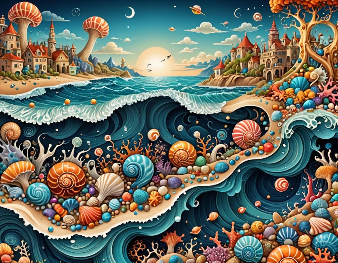 Surreal Shoreline Landscape with Exotic Creatures