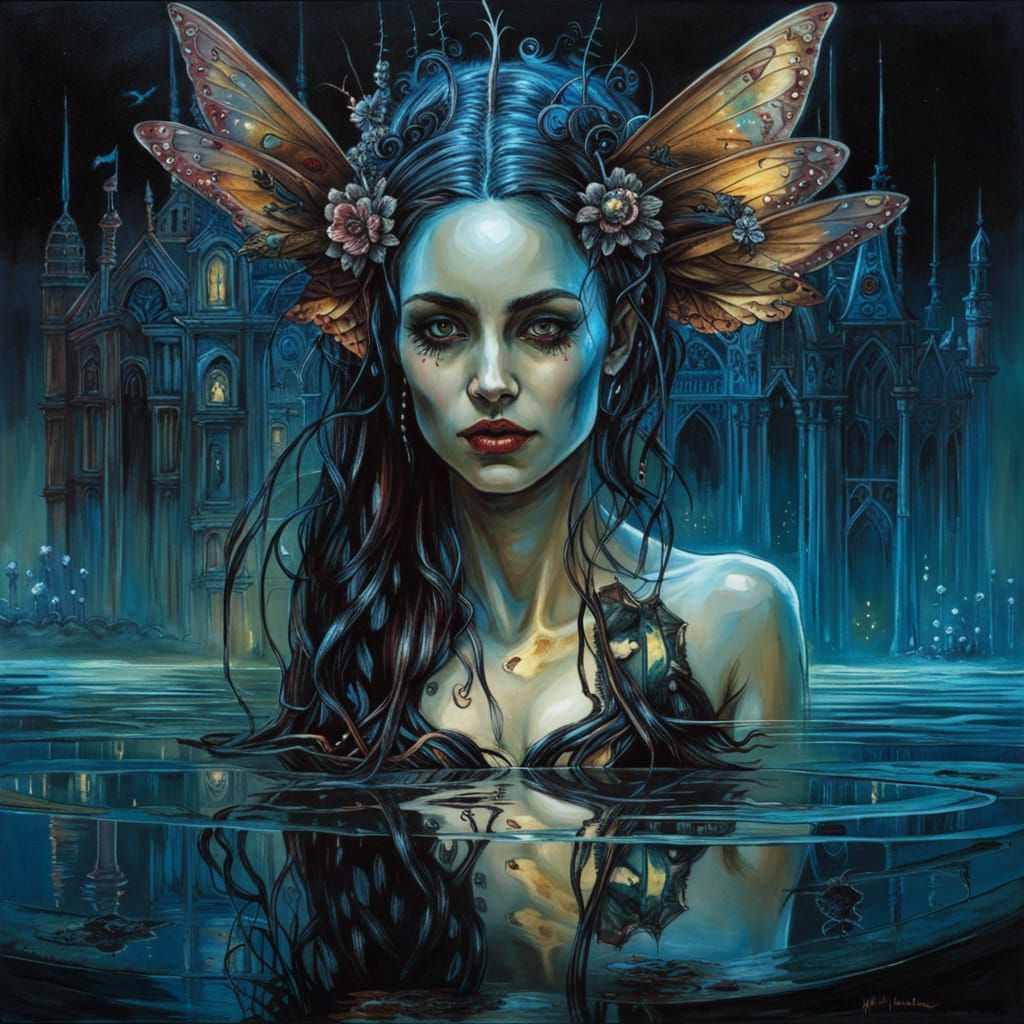 Bioluminescent Fairy Queen Reflects in Gothic Palace