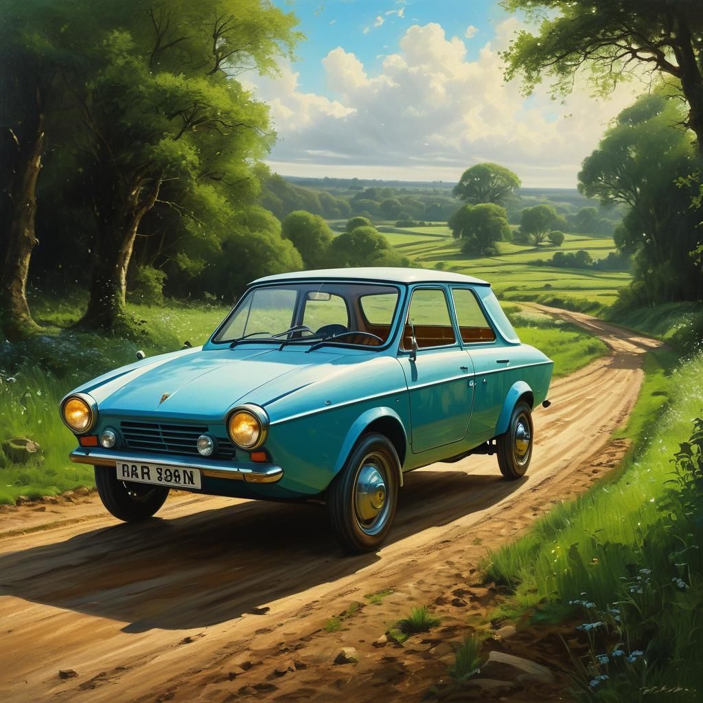 Reliant Robin Car in Thomas Moran Oil Painting Style