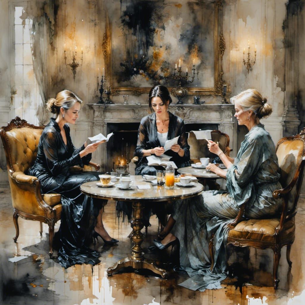 Elegant Ladies Enjoying Coffee in Drawing Room