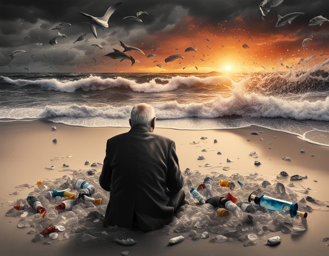 Crying Man on Beach with Trash in Color