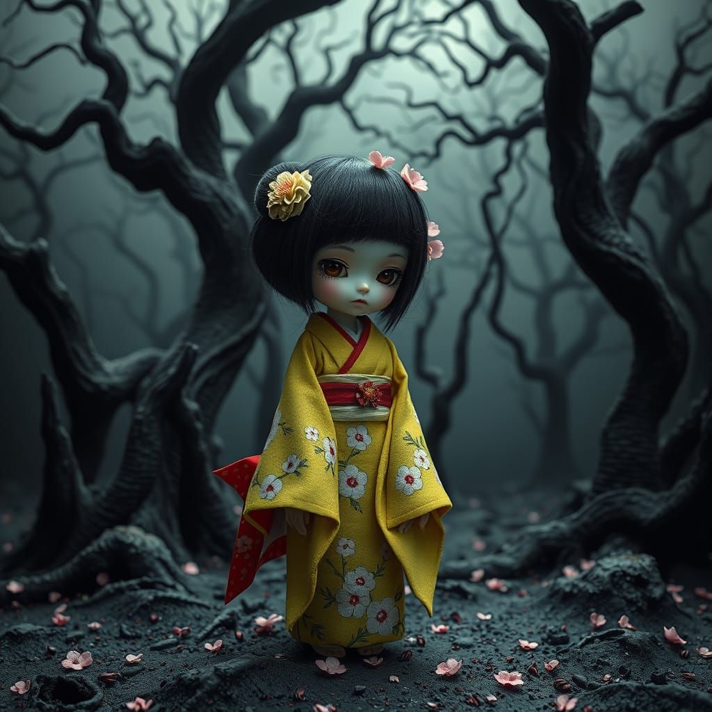 Ichimatsu Doll in Eerie Surreal Landscape