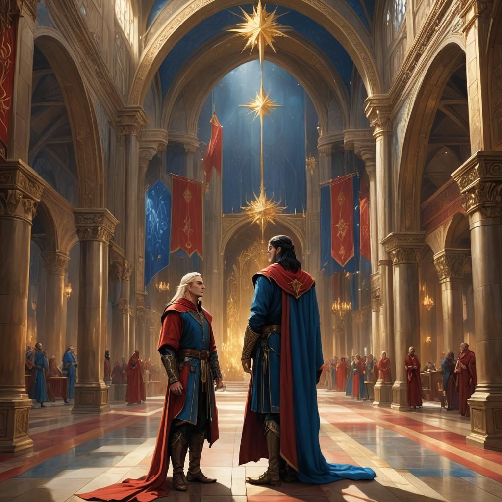 A red banner, with a gold Star of Feanor on it. A tall male ...