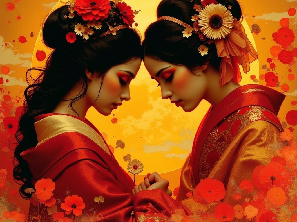 Surreal Scene of Geishas in Soft Neon Light